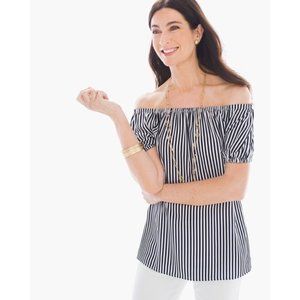 Chicos Boho Stripe Off-the-Shoulder Top Navy/White